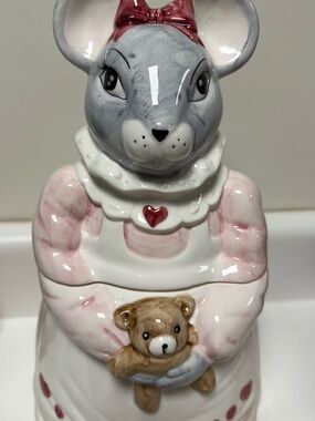 Hand-Painted Ceramic Mouse Figurine in Gray and Pink with Teddy Accent